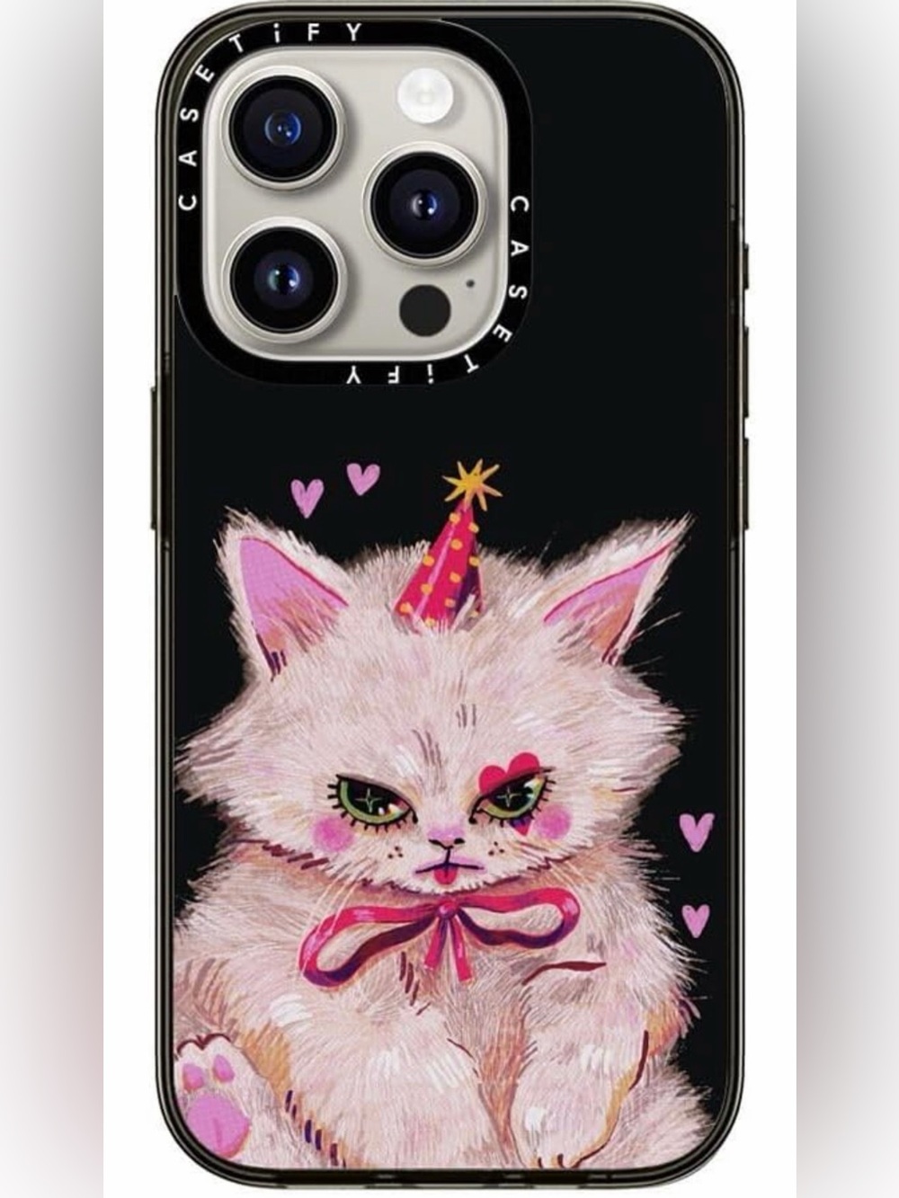 Casetify Black Phone Case with Pink Party Cat Illustration